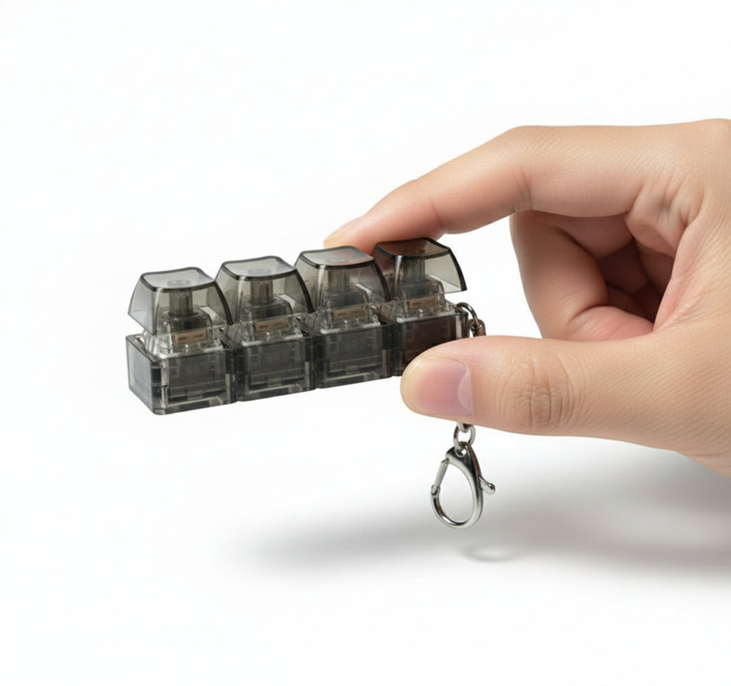 Black keychain light with clear cube lights on a white background