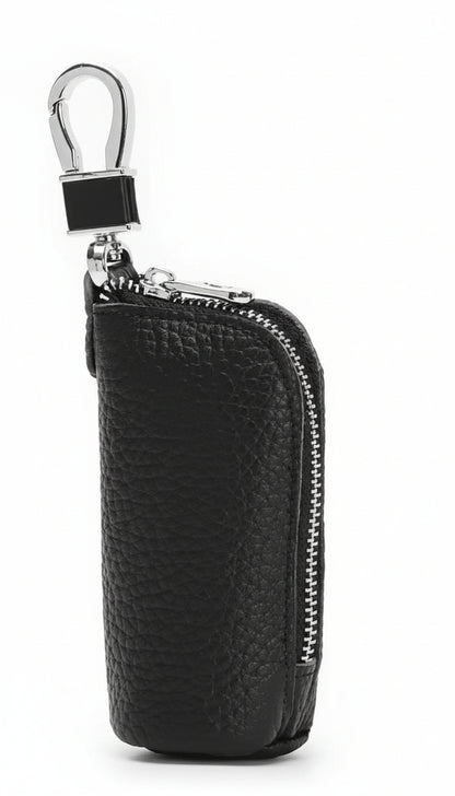 Black leather key pouch with a zipper on a white background