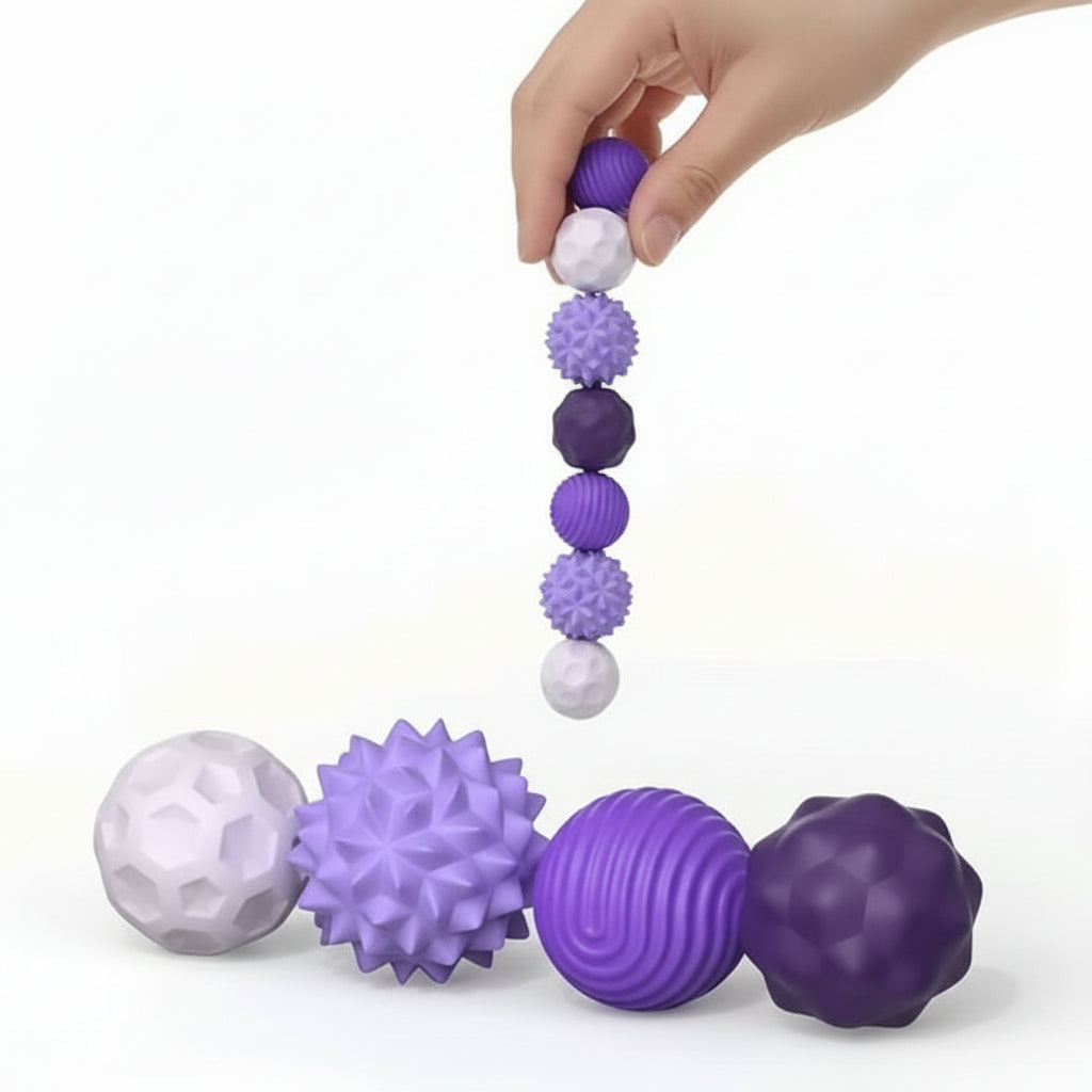 Silicone magnetic sensory toys with purple and white colors on a white background