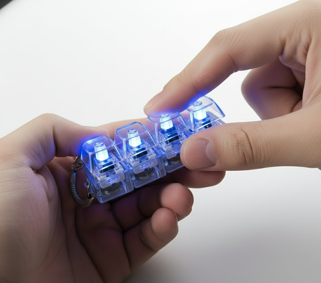 Clear mechanical keyboard or tastatur switch module (fidget toy) with blue springs on a white background, labeled 'With Light'.